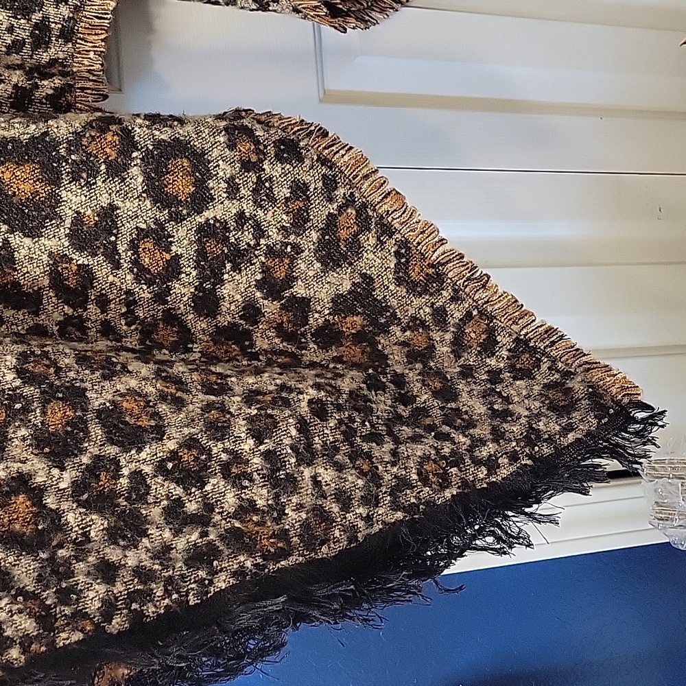 Leopard Print Poncho with Black Fringe - Picture 2 of 7
